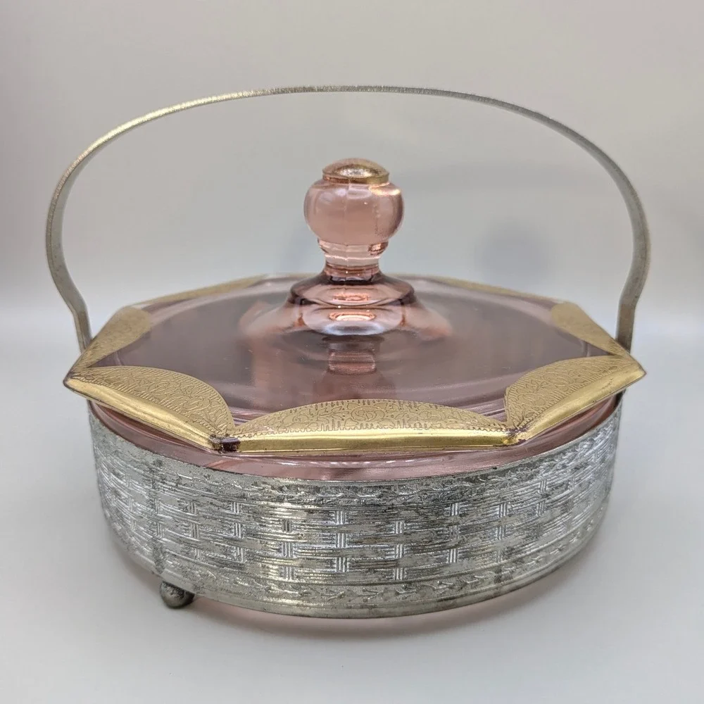 Vintage 1930s Art Deco Pink Depression Glass Divided Dish Gold Trim Metal Basket